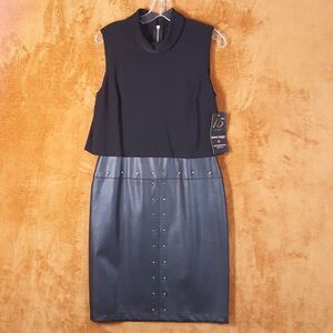 FRANK LYMAN Womens Dress 8 Black Sheath Faux Leather Studded Flowy Layered Top